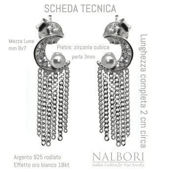 NonSoloArgenti|orecchini tutto argento 925 mezza luna perle e catenelle rodiati effetto oro bianco donna