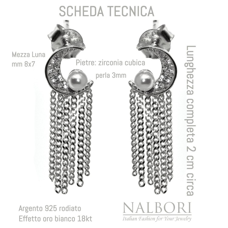 NonSoloArgenti|orecchini tutto argento 925 mezza luna perle e catenelle rodiati effetto oro bianco donna