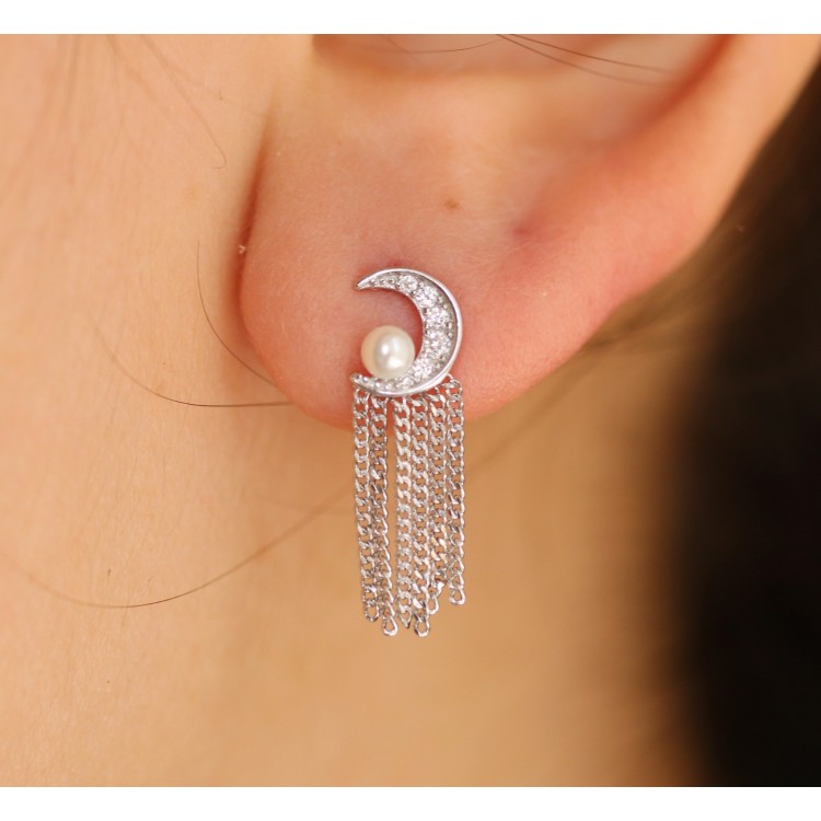 NonSoloArgenti|orecchini tutto argento 925 mezza luna perle e catenelle rodiati effetto oro bianco donna