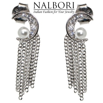 NonSoloArgenti|earrings all silver 925 half moon pearls and rhodium chains white gold effect women