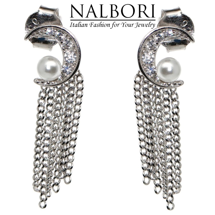 NonSoloArgenti|earrings all silver 925 half moon pearls and rhodium chains white gold effect women