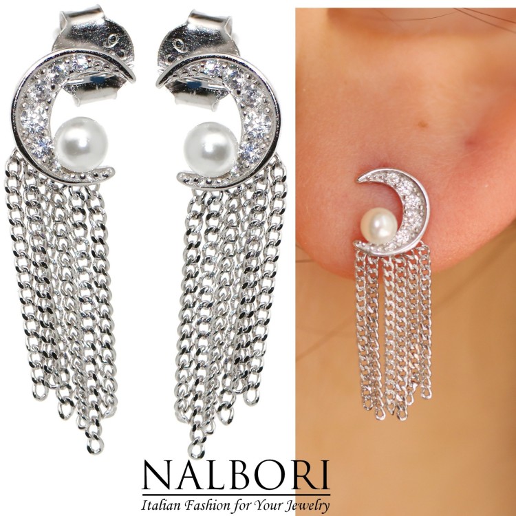 NonSoloArgenti|earrings all silver 925 half moon pearls and rhodium chains white gold effect women