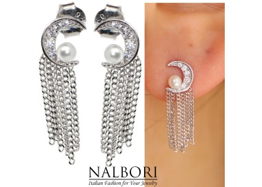 NonSoloArgenti|earrings all silver 925 half moon pearls and rhodium chains white gold effect women