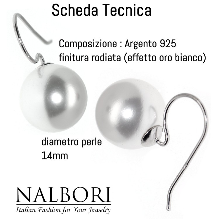 NonSoloArgenti|orecchini tutto argento 925 ad amo con perla grande 14mm per donna
