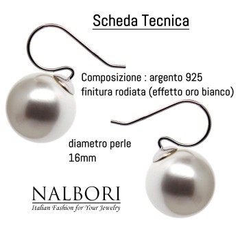 NonSoloArgenti|orecchini tutto argento 925 ad amo con perla grande 16mm per donna rodio