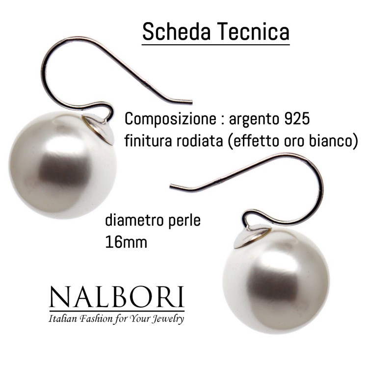 NonSoloArgenti|earrings all 925 silver with hook with large pearl 16mm for women rhodium