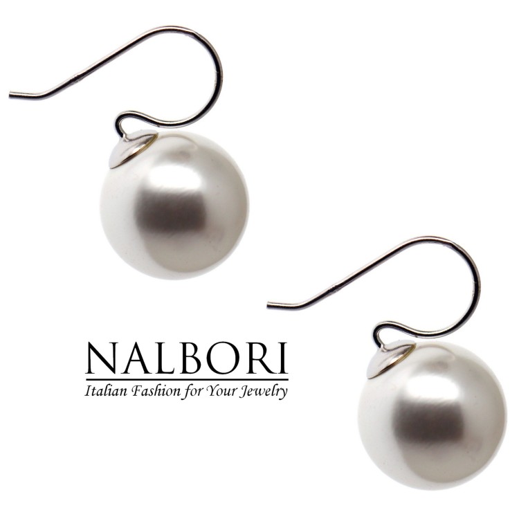 NonSoloArgenti|orecchini tutto argento 925 ad amo con perla grande 16mm per donna rodio
