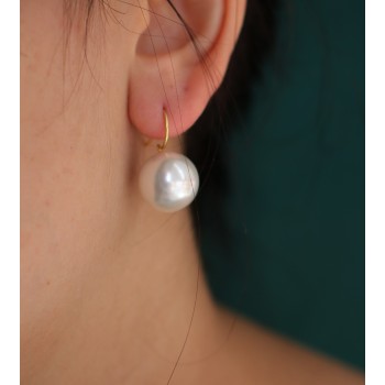 NonSoloArgenti|925 silver hook earrings with large pearl 16mm yellow gold plated women