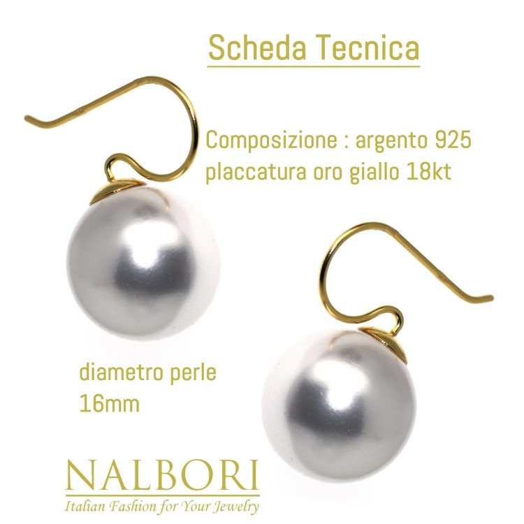 NonSoloArgenti|orecchini argento 925 ad amo con perla grande 16mm placcati oro giallo donna