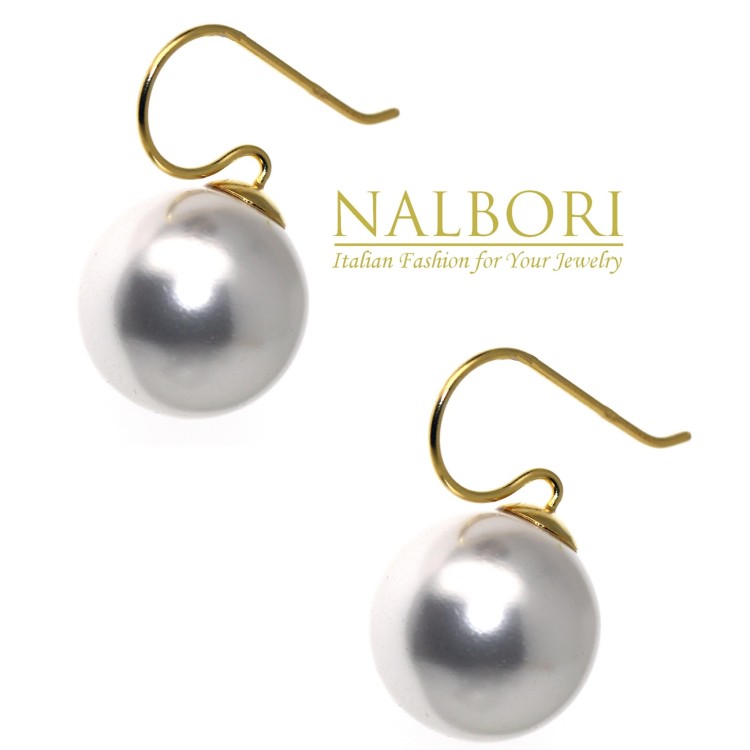NonSoloArgenti|orecchini argento 925 ad amo con perla grande 16mm placcati oro giallo donna