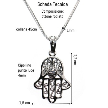 NonSoloArgenti |collana mano di fatima con punto luce zircone brillante ottone 18kgf  donna