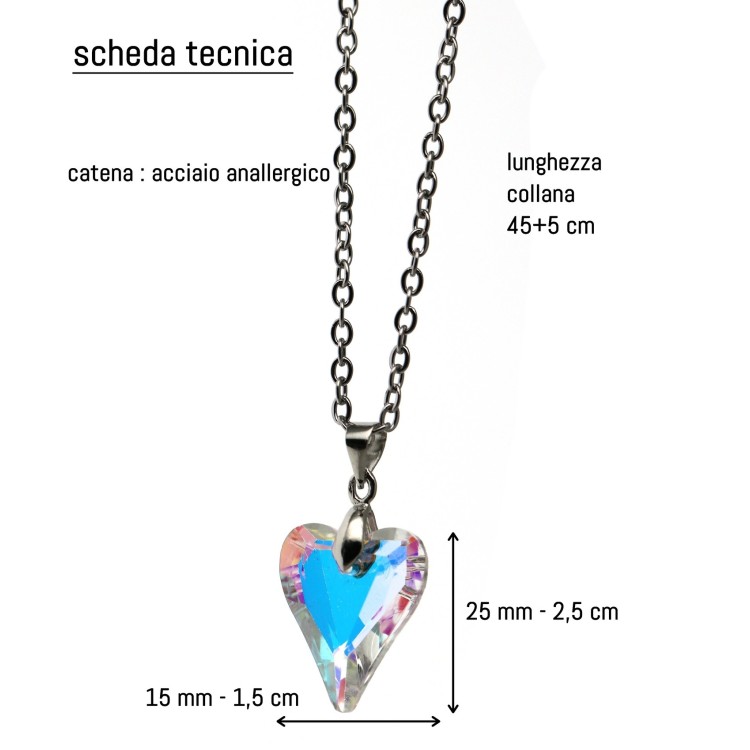 NonSoloArgenti|collana cuore mezzo cristallo bianco AB catena in acciaio anallergico per donna