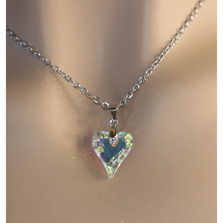 NonSoloArgenti|collana cuore mezzo cristallo bianco AB catena in acciaio anallergico per donna