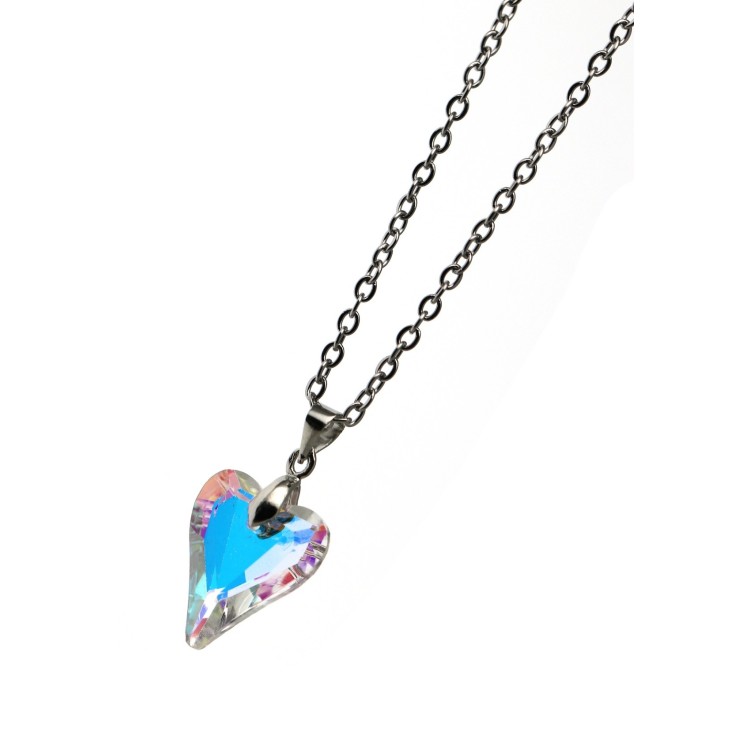 NonSoloArgenti |half white AB crystal heart necklace hypoallergenic steel chain for women