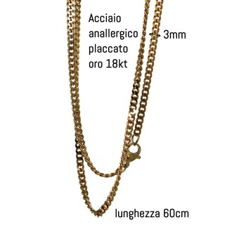 NonSoloArgenti |18kt yellow gold plated steel curb necklace 3mm long 60cm for men or women