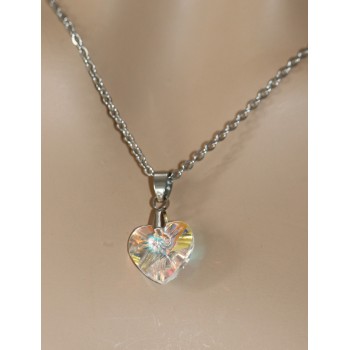 NonSoloArgenti |14mm heart necklace half white AB crystal hypoallergenic steel chain for women