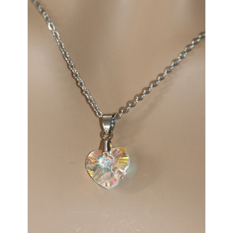 NonSoloArgenti |14mm heart necklace half white AB crystal hypoallergenic steel chain for women