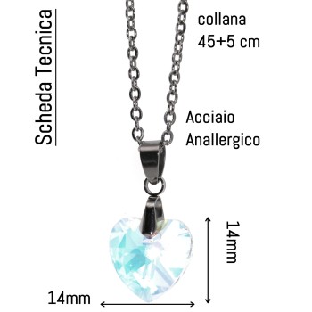 NonSoloArgenti |14mm heart necklace half white AB crystal hypoallergenic steel chain for women