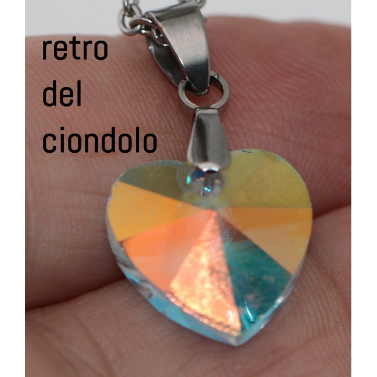 NonSoloArgenti |14mm heart necklace half white AB crystal hypoallergenic steel chain for women