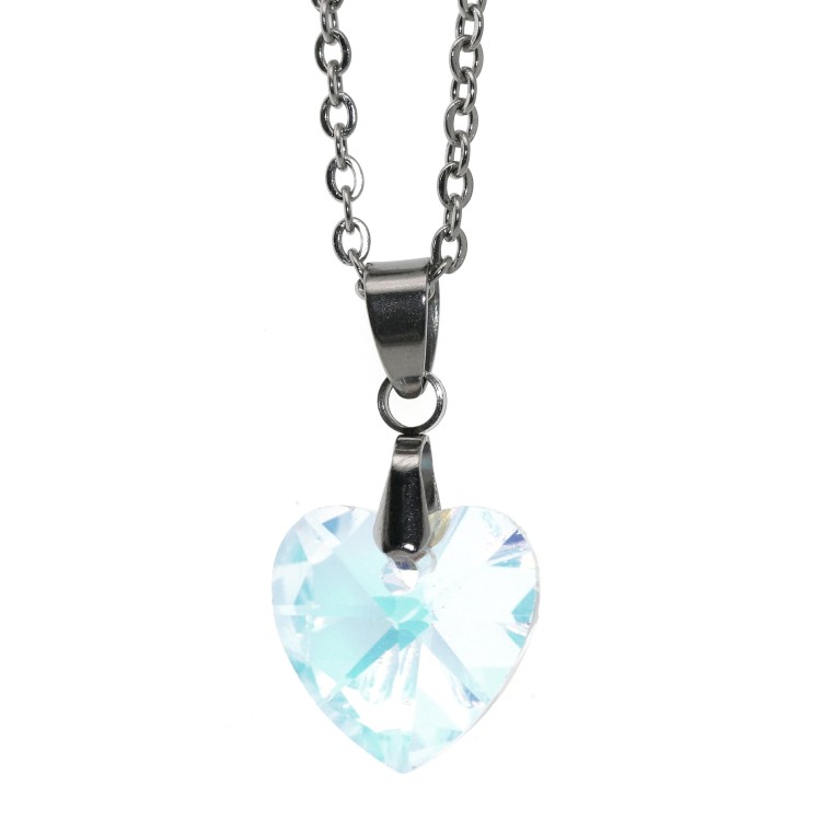 NonSoloArgenti |14mm heart necklace half white AB crystal hypoallergenic steel chain for women