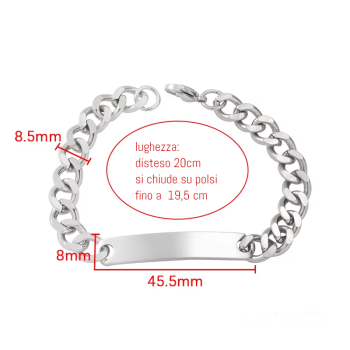 NonSoloArgenti |Hypoallergenic Steel Bracelet Curb and Plate for Men Wrist 19.5cm