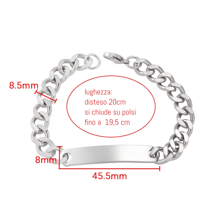 NonSoloArgenti |Hypoallergenic Steel Bracelet Curb and Plate for Men Wrist 19.5cm