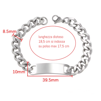 NonSoloArgenti |Bracciale Acciaio corto grumetta e targa uomo donna ragazzo polso 17 cm