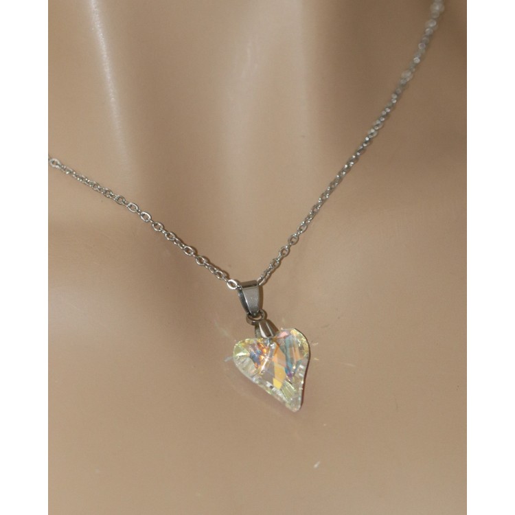 NonSoloArgenti |half crystal white AB pointed heart necklace hypoallergenic steel chain for women