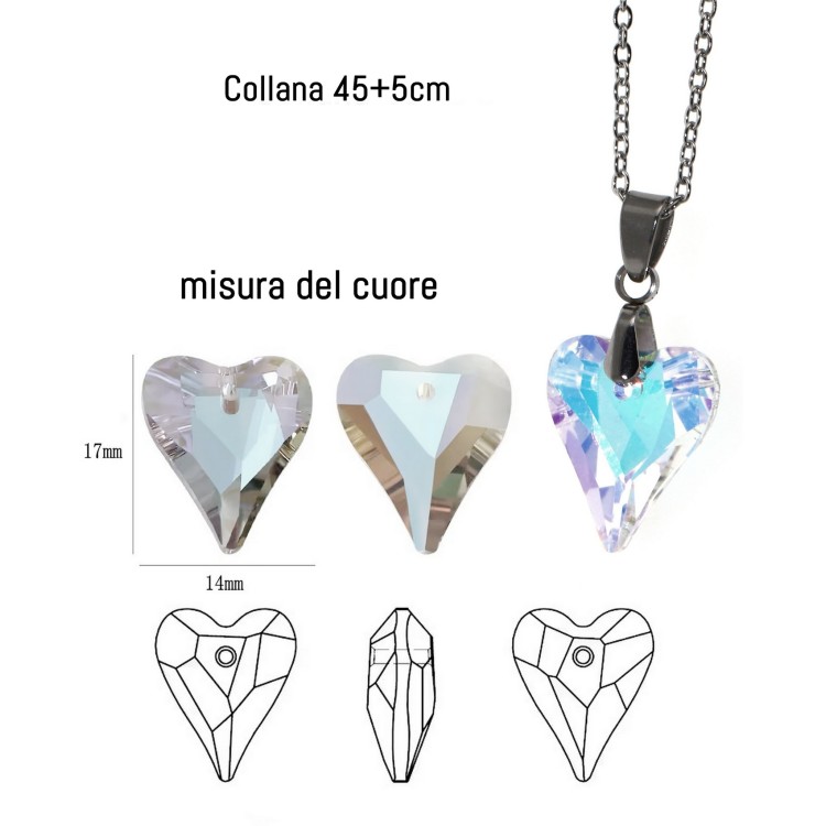 NonSoloArgenti |half crystal white AB pointed heart necklace hypoallergenic steel chain for women