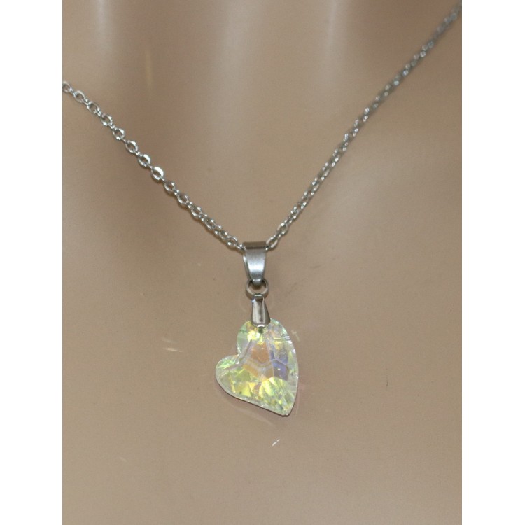 NonSoloArgenti |side heart necklace half white AB crystal hypoallergenic steel chain for women