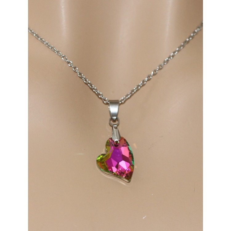 NonSoloArgenti|collana cuore laterale mezzo cristallo magenta rosa AB catena in acciaio anallergico per donna