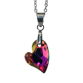 NonSoloArgenti |Side heart necklace half crystal magenta pink AB hypoallergenic steel chain for women