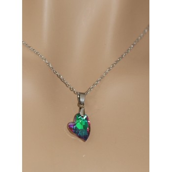 NonSoloArgenti |side heart necklace half crystal blue green AB hypoallergenic steel chain for women