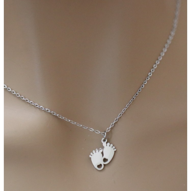 NonSoloArgenti |steel necklace newborn feet with heart personalized engraving mother woman
