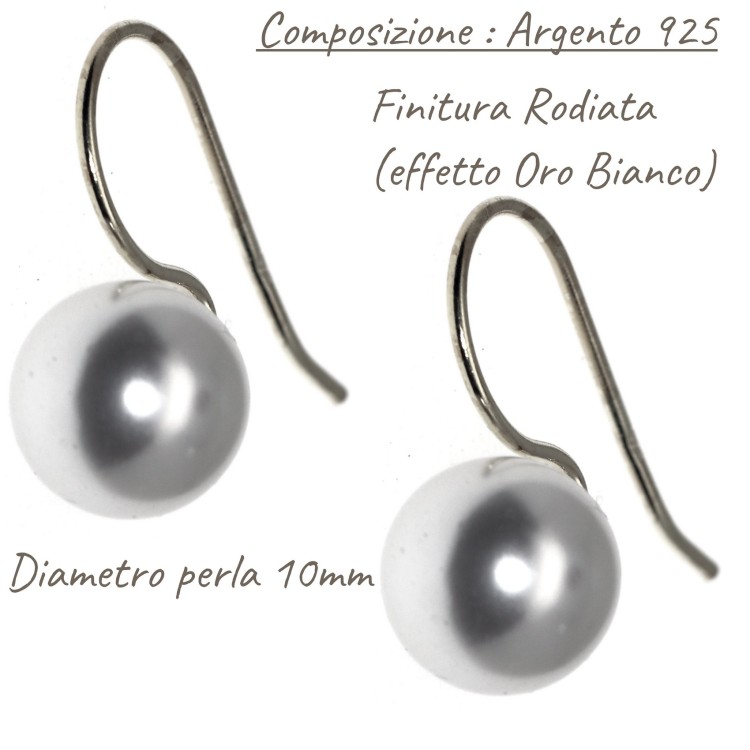 NonSoloArgenti|earrings all 925 silver with hook and medium pearl 10mm for women