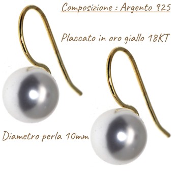 NonSoloArgenti|orecchini argento 925 placcati oro giallo con perla media da 10mm per donna