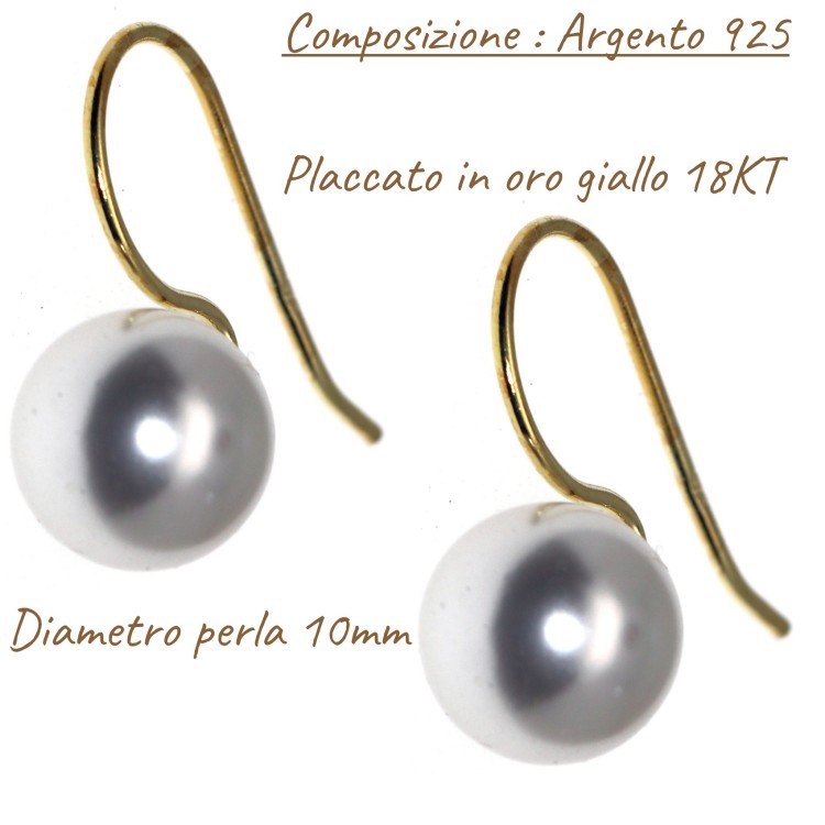 NonSoloArgenti|925 silver earrings yellow gold plated with 10mm medium pearl for women