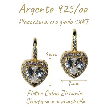 NonSoloArgenti|earrings 925 silver plated with 18KT yellow gold, brilliant heart, white, woman