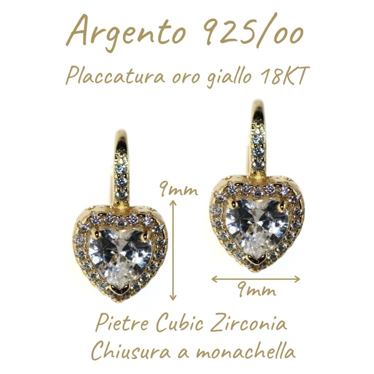 NonSoloArgenti|earrings 925 silver plated with 18KT yellow gold, brilliant heart, white, woman