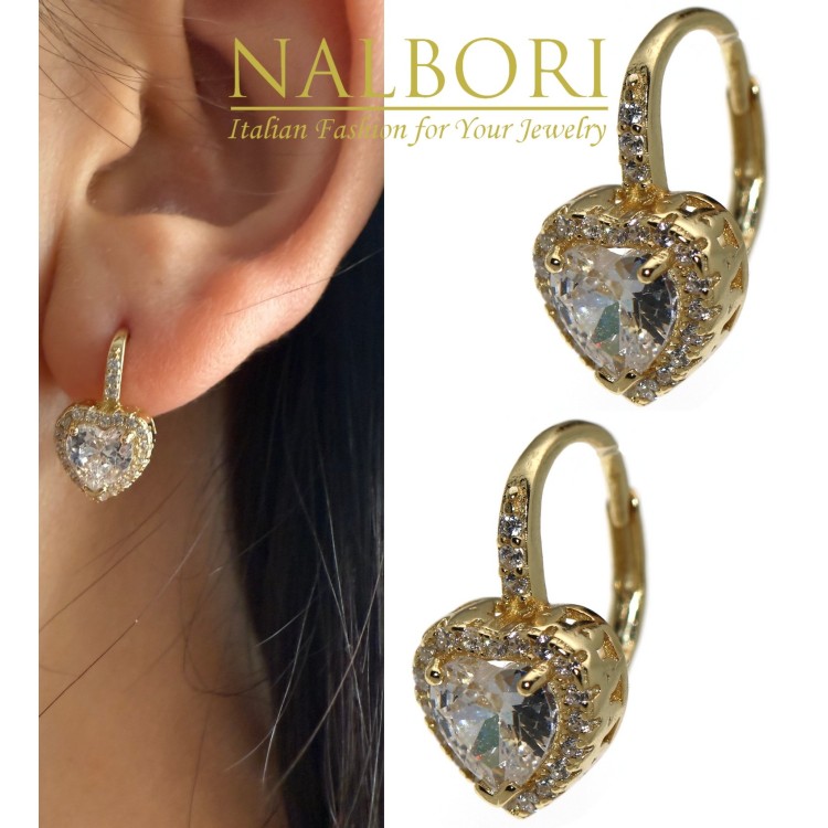 NonSoloArgenti|earrings 925 silver plated with 18KT yellow gold, brilliant heart, white, woman