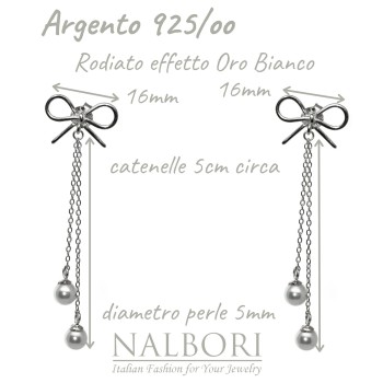 NonSoloArgenti|925 silver earrings bow chain pendants white pearls long rhodium