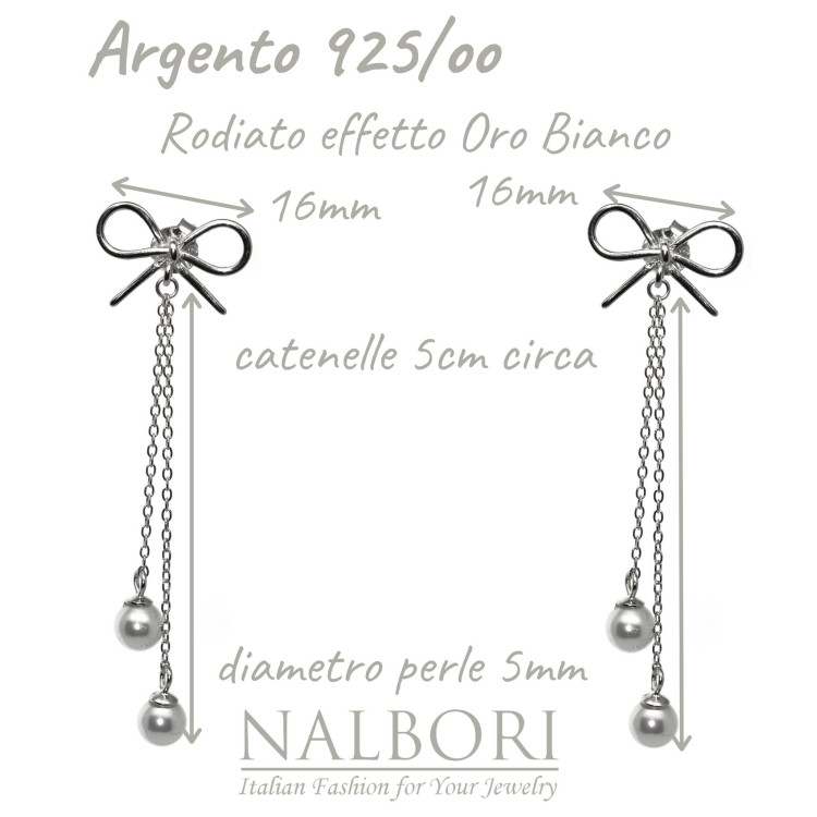 NonSoloArgenti|925 silver earrings bow chain pendants white pearls long rhodium