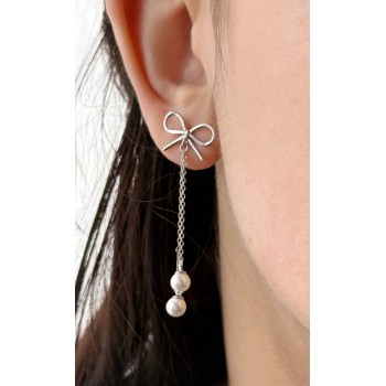 NonSoloArgenti|925 silver earrings bow chain pendants white pearls long rhodium
