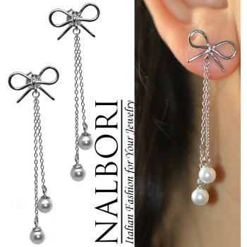 NonSoloArgenti|925 silver earrings bow chain pendants white pearls long rhodium