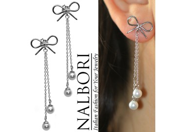 NonSoloArgenti|orecchini argento 925 fiocco catenella ciondoli perle bianche lunghi rodiati