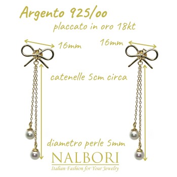 NonSoloArgenti|925 silver earrings bow chain pendants white pearls long yellow gold plated