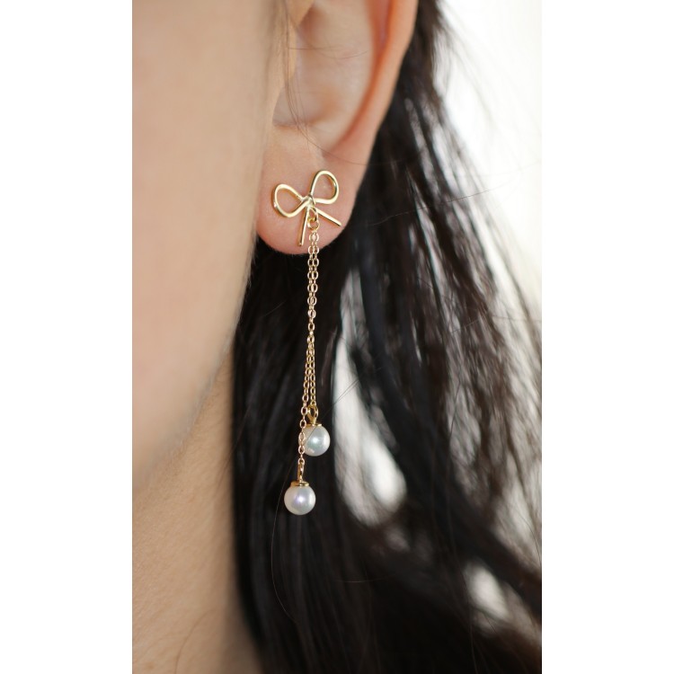 NonSoloArgenti|925 silver earrings bow chain pendants white pearls long yellow gold plated