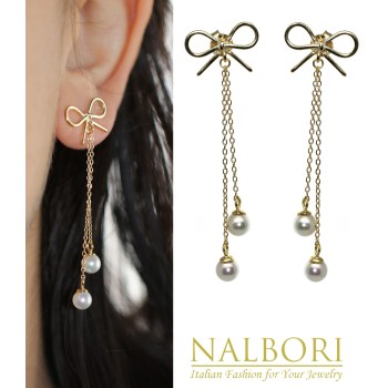 NonSoloArgenti|925 silver earrings bow chain pendants white pearls long yellow gold plated