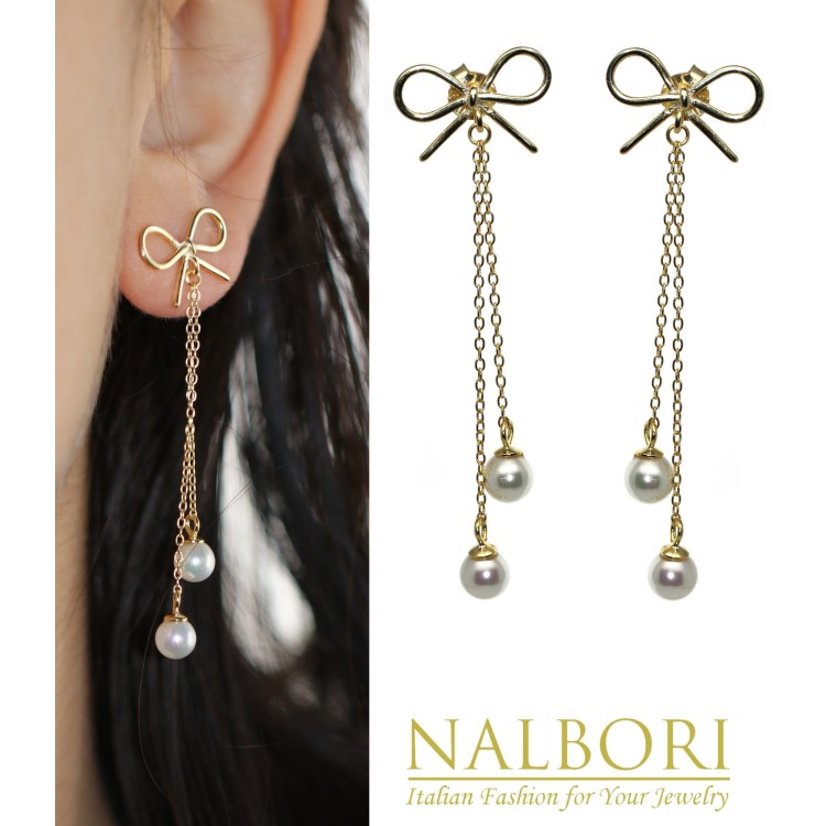 NonSoloArgenti|925 silver earrings bow chain pendants white pearls long yellow gold plated