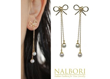 NonSoloArgenti|925 silver earrings bow chain pendants white pearls long yellow gold plated